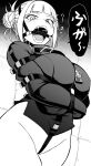  1girl boku_no_hero_academia bottomless breasts collar covered_nipples cowboy_shot crotch_strap double_bun greyscale hair_bun highres large_breasts metal_collar monochrome open_mouth padded_walls rebake restrained saliva saliva_trail slit_pupils straitjacket toga_himiko 