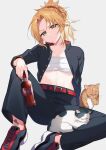  1girl :&lt; absurdres animal bangs belt black_footwear black_pants blonde_hair bottle cat citron_82 coca-cola cola collarbone commission fate/grand_order fate_(series) frown grey_background highres holding holding_bottle jacket knee_up mordred_(fate) mordred_(fate/apocrypha) open_clothes open_jacket pants parted_bangs ponytail red_belt sarashi shiny shiny_hair shoes simple_background sitting skeb_commission solo 