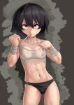  1girl abs bandaged_arm bandages bangs black_hair breasts brown_background buruma clenched_hand collarbone covered_nipples drawing dripping frown hair_between_eyes hands_up highres navel nico-mo original red_eyes see-through short_hair small_breasts sports_bra sweat sweaty_clothes thighhighs toned tying wet wet_hair wrapping 