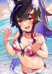  1girl :d animal_ear_fluff animal_ears bare_arms bare_shoulders bikini black_choker black_hair breasts brown_eyes choker cleavage collarbone fangs front-tie_bikini front-tie_top hair_ornament hololive kibanda_gohan long_hair looking_at_viewer medium_breasts multicolored_hair navel ookami_mio open_mouth ponytail side-tie_bikini smile solo standing stomach streaked_hair string_bikini swimsuit thigh_strap very_long_hair virtual_youtuber wading water wet wolf_ears 