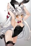  1girl amatsukaze_(kancolle) animal_ears armpits arms_up black_leotard blush bow bowtie breasts brown_eyes brown_thighhighs bunny_day bunny_pose covered_navel detached_collar embarrassed fake_animal_ears fake_tail gradient gradient_background grey_background grey_hair hair_between_eyes hair_tubes highres irokiiro kantai_collection leotard long_hair playboy_bunny rabbit_ears rabbit_tail small_breasts smile solo strapless strapless_leotard tail thighhighs traditional_bowtie two_side_up white_hair wrist_cuffs 