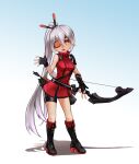  1girl :o archery arrow_(projectile) asymmetrical_gloves bangs bare_shoulders black_footwear black_gloves black_shorts blue_background boots bow_(weapon) dress eyepatch fingernails full_body gloves hair_ornament hair_ribbon highres holding holding_weapon honkai_(series) honkai_impact_3rd knee_boots long_hair looking_at_viewer mebius13438970583_(kuroyuki) mismatched_gloves open_mouth ponytail quiver red_dress ribbon shadow shorts sleeveless sleeveless_dress solo standing two-tone_background v weapon white_background white_hair yellow_eyes zombie zombie_(honkai_impact_3) 