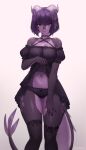  anthro biped bottomwear bra breasts butt cleavage clothed clothing dragon ear_frill eyebrows female fingers frill_(anatomy) grey_body grey_scales grey_tail hair hi_res horn iwbitu long_tail looking_at_viewer medium_breasts membrane_(anatomy) membranous_frill multicolored_body multicolored_scales navel non-mammal_breasts pupils purple_body purple_eyebrows purple_eyes purple_hair purple_scales purple_tail reptile scales scalie simple_background slit_pupils smile solo thick_tail two_tone_body two_tone_scales two_tone_tail underwear yubi_clearsky 