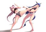  2girls animal_ears arknights bangs bare_legs barefoot bikini black_bikini blue_hair ch&#039;en_(arknights) ch&#039;en_the_holungday_(arknights) chinese_commentary commentary_request dragon_horns dragon_tail grey_shorts hair_between_eyes horns kicking lin_yuhsia_(arknights) long_hair micro_shorts mouse_ears multiple_girls navel open_fly pink_eyes pink_hair red_eyes second-party_source shorts simple_background standing standing_on_one_leg stomach swimsuit tail thighs v-shaped_eyebrows very_long_hair white_background white_shorts yamauchi_(conan-comy) 