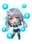  1girl black_gloves blue_eyes blue_skirt bottle chibi crop_top elbow_gloves fake_horns gloves gradient_neckerchief grey_hair hair_ornament holding holding_bottle horned_headwear horns i-201_(kancolle) kantai_collection long_hair low_twintails neckerchief nontraditional_school_swimsuit rudder_footwear sailor_collar school_swimsuit sharasohju skirt solo standing swimsuit thighhighs twintails white_neckerchief white_sailor_collar x_hair_ornament yellow_neckerchief 