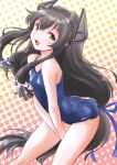  1girl between_legs black_hair blue_swimsuit breasts cowboy_shot fuji_(pixiv24804665) green_eyes hair_between_eyes hair_ribbon headgear highres i-47_(kancolle) kantai_collection long_hair looking_at_viewer low-tied_long_hair open_mouth polka_dot polka_dot_background ribbon school_swimsuit small_breasts smile solo swimsuit tress_ribbon 