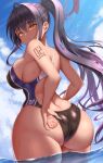  1girl ass bare_shoulders blue_archive blue_sky breasts competition_swimsuit dark-skinned_female dark_skin day from_behind halo highres karin_(blue_archive) long_hair looking_at_viewer looking_back medium_breasts ocean one-piece_swimsuit outdoors ponytail purple_hair sideboob sky solo summer swimsuit very_long_hair wading yasojima_nejiro yellow_eyes 