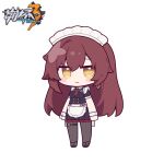  1girl apron bangs black_footwear black_shirt black_skirt blush_stickers brown_hair chibi closed_mouth copyright_name eden_(honkai_impact) eta frilled_apron frilled_skirt frills full_body hair_between_eyes honkai_(series) honkai_impact_3rd looking_at_viewer pantyhose pleated_skirt puffy_short_sleeves puffy_sleeves shirt shoes short_sleeves simple_background skirt smile solo standing white_apron white_background yellow_eyes 