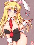  1girl alternate_costume animal_ears artist_logo between_breasts black_leotard blonde_hair bow bowtie breasts brown_background bunny_day cocktail_glass commentary_request covered_navel cowboy_shot cup dated detached_collar double_bun drinking_glass fake_animal_ears fake_tail fletcher_(kancolle) grey_background hair_bun kanon_(kurogane_knights) kantai_collection large_breasts leaning_forward leotard long_hair necktie off_shoulder one-hour_drawing_challenge playboy_bunny purple_eyes rabbit_ears rabbit_tail red_necktie simple_background smile solo strapless strapless_leotard tail traditional_bowtie tray wine_glass wrist_cuffs 