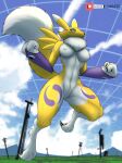  absurd_res anthro bandai_namco black_sclera blue_eyes breasts canid canine canis claws clothed clothing digimon digimon_(species) female fur hi_res link6432 mammal nude renamon solo video_games white_body white_fur yellow_body yellow_fur 