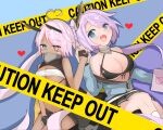  2girls ahoge azur_lane bandeau bangs bikini bikini_top_only black_bikini black_gloves black_skirt blue_eyes blue_jacket blush breasts caution_tape commentary_request covered_mouth dark_skin facepaint fang feet_out_of_frame gloves heart heart_ahoge heterochromia indianapolis_(azur_lane) jacket kanikawa large_breasts long_hair looking_at_viewer multiple_girls off-shoulder_jacket off_shoulder open_mouth partially_fingerless_gloves pink_hair portland_(azur_lane) purple_hair siblings side_ponytail sisters skin_fang skirt smile swimsuit turtleneck underboob very_long_hair yellow_eyes 