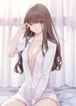  1girl ayaka_amedama breasts brown_eyes brown_hair collarbone commentary_request commission curtains fate/extra fate_(series) highres kishinami_hakuno_(female) long_hair long_sleeves medium_breasts one_eye_closed oversized_clothes oversized_shirt rubbing_eyes shirt skeb_commission solo waking_up white_shirt 