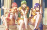 3girls aduti_momoyama blue_hair boots breasts catria_(fire_emblem) elbow_gloves est_(fire_emblem) fire_emblem fire_emblem:_mystery_of_the_emblem fire_emblem_heroes gloves green_hair greyscale highres looking_at_viewer medium_breasts medium_hair monochrome multiple_girls official_alternate_costume palla_(fire_emblem) pelvic_curtain pink_eyes pink_hair short_hair siblings sisters sitting small_breasts smile thigh_boots thighs 