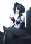  1girl absurdres bare_shoulders black_dress black_eyes black_gloves black_hair breasts chair cleavage cup dress drinking_glass eki_doki gloves hairband highres looking_at_viewer original pale_skin parted_lips short_hair sitting solo wine_glass 
