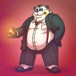  2022 anthro belly big_belly black_body black_nose bottomwear clothing giant_panda hi_res humanoid_hands korndoggychub male mammal overweight overweight_male pants red_background shirt simple_background smoking solo suspenders topwear ursid white_body 