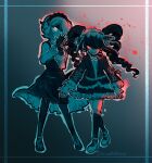  2girls bangs black_hair black_pantyhose black_thighhighs blonde_hair blood celestia_ludenberg danganronpa:_trigger_happy_havoc danganronpa_(series) danganronpa_v3:_killing_harmony dress drill_hair frilled_skirt frills gloves glowing glowing_eye gradient gradient_background green_eyes grey_background hair_ornament hair_over_one_eye highres jacket long_hair long_sleeves looking_at_viewer maid_headdress multiple_girls necktie pantyhose red_eyes shirt short_hair skirt smile thighhighs toujou_kirumi twin_drills twinklelitchii twintails 