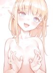  1girl :d absurdres bangs bingwei_huang blonde_hair blue_eyes blush breasts elf highres looking_at_viewer medium_hair nude original pointy_ears smile solo teeth 