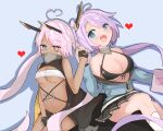  2girls ahoge azur_lane bandeau bangs bikini bikini_top_only black_bikini black_gloves black_skirt blue_eyes blue_jacket blush breasts commentary_request covered_mouth dark_skin facepaint fang feet_out_of_frame gloves heart heart_ahoge heterochromia indianapolis_(azur_lane) jacket kanikawa large_breasts long_hair looking_at_viewer multiple_girls off-shoulder_jacket off_shoulder open_mouth partially_fingerless_gloves pink_hair portland_(azur_lane) purple_hair siblings side_ponytail sisters skin_fang skirt smile swimsuit turtleneck underboob very_long_hair yellow_eyes 