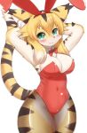  2022 anthro big_breasts black_nose blonde_hair blush bow_tie breasts brown_body brown_fur brown_hair bunny_costume chest_tuft cleavage clothed clothing costume cute_fangs fake_ears fake_rabbit_ears felid female fluffy fur green_eyes hair hands_behind_head hi_res horokusa0519 inner_ear_fluff kemono legwear mammal mia_(world_flipper) multicolored_body multicolored_ears multicolored_fur multicolored_hair multicolored_tail navel pantherine shirt_collar solo stockings tiger translucent translucent_clothing tuft white_body white_fur white_hair world_flipper yellow_body yellow_fur 