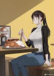  1girl absurdres black_hair black_jacket blue_pants blush breasts cellphone closed_mouth curry curry_rice denim eating eyelashes food glutton hair_ornament hair_pulled_back hair_ribbon hairclip highres holding holding_spoon indoors jacket jeans jun_(seojh1029) large_breasts long_hair long_sleeves meat open_clothes open_jacket orange_eyes original pants phone ponytail ribbed_sweater ribbon rice sitting smartphone solo spoon sweater table turtleneck turtleneck_sweater weibo_logo weibo_username white_sweater wide-eyed yellow_background 