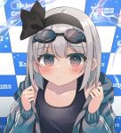  1girl bangs blush character_name collarbone expressionless eyewear_on_head flag flat_chest from_above goggles goggles_on_head jacket konpaku_youmu looking_at_viewer open_clothes open_jacket sakuramochi_usa solo swimsuit touhou 