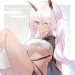  1girl asymmetrical_legwear azur_lane bandeau bangs blue_eyes breasts bright_pupils cleavage commentary_request dark_skin dated facepaint feet_out_of_frame fuurin_hino513 hair_between_eyes headgear heterochromia highres indianapolis_(azur_lane) long_hair looking_at_viewer medium_breasts pink_hair signature solo turtleneck underboob uneven_legwear very_long_hair white_bandeau white_pupils yellow_eyes 
