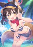  1girl :d animal_ear_fluff animal_ears armpits bare_arms bare_shoulders bikini blue_archive breasts brown_hair cutoffs denim denim_shorts fox_ears fox_girl fox_shadow_puppet fox_tail front-tie_bikini front-tie_top grey_shorts halo halterneck hand_on_own_thigh highleg highleg_bikini highres izuna_(blue_archive) izuna_(swimsuit)_(blue_archive) leaning_forward looking_at_viewer medium_breasts navel official_alternate_costume open_fly open_mouth scarf short_hair short_shorts shorts smile solo standing stomach string_bikini striped striped_bikini swimsuit tail thighs topia visor_cap yellow_eyes 