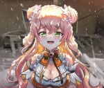  1girl blonde_hair breasts cleavage commentary double_bun english_commentary fang fang_out freeze-ex green_eyes hair_bun hololive husbant_(meme) large_breasts long_hair long_sleeves looking_at_viewer meme momosuzu_nene open_mouth smile snow snowing solo virtual_youtuber 