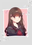  1girl ayaka_amedama brown_eyes brown_hair commentary_request fate/extra fate_(series) flower hair_ornament hairclip highres kishinami_hakuno_(female) long_hair looking_at_viewer neckerchief red_neckerchief sailor_collar school_uniform serafuku smile solo tsukumihara_academy_uniform_(fate/extra_ccc) 