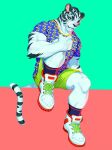  anthro black_stripes clothing felid footwear green_background looking_at_viewer male mammal moodraw muscular muscular_anthro muscular_male pantherine pink_background shoes simple_background sneakers solo source_request stripes tiger white_body white_skin 