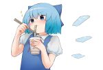  1girl blue_dress blue_eyes blue_hair blush cirno commentary cup_ramen dress eating english_commentary food highres ice ice_wings kpe934k0s282b2 noodles puffy_short_sleeves puffy_sleeves short_hair short_sleeves simple_background solo sparkle touhou white_background wings 