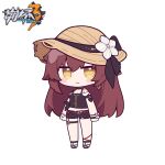  1girl bangs bare_shoulders black_camisole black_footwear black_shorts blush_stickers breasts brown_hair brown_headwear camisole chibi cleavage closed_mouth copyright_name crop_top eden_(honkai_impact) eta flower full_body hair_between_eyes hat hat_flower honkai_(series) honkai_impact_3rd looking_at_viewer midriff navel sandals short_shorts shorts simple_background small_breasts smile solo standing white_background white_flower yellow_eyes 