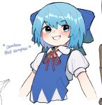  1girl blue_dress blue_eyes blue_hair cirno collared_shirt commentary dress english_commentary english_text grin kpe934k0s282b2 puffy_short_sleeves puffy_sleeves shirt short_hair short_sleeves simple_background smile touhou white_background white_shirt 