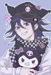  1boy bangs black_headwear boleum_(dgrpluna) bow checkered_clothes checkered_scarf copyright_request danganronpa_(series) danganronpa_v3:_killing_harmony grey_jacket grin hair_between_eyes heart holding jacket long_sleeves male_focus multicolored_hair ouma_kokichi scarf shiny shiny_hair smile solo sticker teeth two-tone_hair two-tone_scarf upper_body 