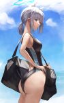  1girl animal_ear_fluff animal_ears ass bag blue_archive blue_eyes breasts cowboy_shot ear_piercing extra_ears from_side grey_hair halo highres looking_at_viewer medium_breasts medium_hair nape one-piece_swimsuit open_mouth piercing profile shiroko_(blue_archive) short_ponytail sideboob sideways_glance sky swimsuit wolf_ears yoshimoto_(carpsukidayo) 