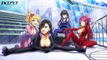  4girls :d bangs black_bodysuit black_choker black_hair blonde_hair blue_bodysuit blue_eyes bodysuit breasts butterfly_hair_ornament choker cleavage closed_eyes commentary_request copyright copyright_name dolphin_wave hagane_otsuki hair_ornament hair_over_one_eye highres izumi_kiri jewelry kurenashi_yuuri kurose_minami large_breasts long_hair multicolored_hair multiple_girls necklace official_art official_wallpaper open_bodysuit parted_bangs pink_bodysuit ponytail purple_hair red_bodysuit sitting smile streaked_hair stretching 