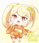  1girl :o bangs blonde_hair bow cat_hair_ornament chibi danganronpa_(series) danganronpa_2:_goodbye_despair dated gradient gradient_background hair_bow hair_ornament happy_birthday highres japanese_clothes kimono long_hair long_sleeves obi open_mouth orange_eyes saionji_hiyoko sash shiny shiny_hair twintails yukiusagi_(yukiusa) 