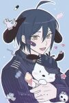  1boy :d ahoge animal_ears bangs black_headwear black_jacket blush boleum_(dgrpluna) brown_eyes copyright_request danganronpa_(series) danganronpa_v3:_killing_harmony dog_ears fake_animal_ears grey_background heart holding jacket looking_at_viewer male_focus saihara_shuuichi short_hair skull smile sticker striped striped_jacket teeth upper_body upper_teeth 