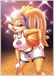  anthro ball basketball_(ball) basketball_court basketball_uniform bedroom_eyes camera_flash clothing female hi_res lagomorph leporid lola_bunny looking_at_viewer looney_tunes mammal michiyoshi midriff narrowed_eyes rabbit seductive solo space_jam sportswear uniform warner_brothers 