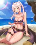  1girl :q bare_shoulders beach belt bikini bikini_pull blue_sky breasts brown_eyes clothes_pull collarbone day fire_emblem fire_emblem_awakening fire_emblem_heroes grey_hair highres jewelry large_breasts licking_lips looking_at_viewer naughty_face navel necklace o-ring o-ring_bikini ocean official_alternate_costume one_eye_closed outdoors pulled_by_self purple_bikini purple_swimsuit robin_(fire_emblem) robin_(fire_emblem)_(female) sand sky smile solo stomach swimsuit thighs tongue tongue_out twintails twitter_username zet_(twt_zet) 