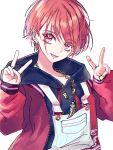  1boy ear_piercing hood hood_down hoodie jewelry long_sleeves looking_at_viewer male_focus maruyama_reo multicolored_clothes open_mouth paradox_live piercing red_eyes red_hair ring riria_arank short_hair smile solo v white_background 