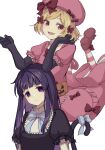  2girls :d black_dress black_gloves blonde_hair blue_bow blue_hair bow bowtie cat_tail commentary_request dress dress_bow elbow_gloves fang footwear_bow frederica_bernkastel frown gloves hair_bow hat hat_bow highres jewelry lambdadelta long_hair mkr_(wepn3428) multiple_girls necklace pearl_necklace pink_dress pink_headwear puffy_short_sleeves puffy_sleeves purple_eyes red_bow red_eyes short_hair short_sleeves smile socks striped striped_socks tail tail_bow tail_ornament umineko_no_naku_koro_ni 
