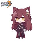  1girl animal_ear_fluff animal_ears bangs black_dress black_footwear black_gloves blush_stickers boots breasts brown_hair chibi closed_mouth commentary_request copyright_name dress eden_(honkai_impact) eta flower full_body gloves hair_between_eyes honkai_(series) honkai_impact_3rd long_hair long_sleeves looking_at_viewer medium_breasts pantyhose simple_background single_glove smile solo standing very_long_hair white_background white_flower yellow_eyes 