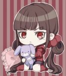  1girl angry bangs blush brown_hair chibi danganronpa_(series) danganronpa_v3:_killing_harmony frown hair_ornament hair_scrunchie harukawa_maki highres holding low_twintails mole mole_under_eye pillow red_eyes red_scrunchie red_shirt scrunchie shiny shiny_hair shirt sitting skirt solo striped striped_background stuffed_animal stuffed_toy twintails yukiusagi_(yukiusa) 