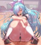  .live 1girl ass black_panties blue_hair blush bow condom condom_in_mouth hair_bow hair_over_one_eye highres long_hair looking_at_viewer mouth_hold panties ponytail red_eyes smile socks solo stained_panties sweat thick_thighs thighs underwear very_long_hair virtual_youtuber wakura_(gcdan) yamato_iori 