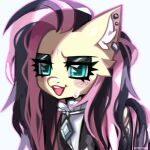  1:1 anthro blush clothed clothing digital_media_(artwork) ear_piercing ear_ring equid equine eyelashes eyeshadow feathered_wings feathers female fluttergoth fluttershy_(mlp) friendship_is_magic fur goth hair hasbro horse inner_ear_fluff jewelry makeup mammal multicolored_hair my_little_pony necklace open_mouth pegasus piercing pink_hair pontiikii pony ring_piercing simple_background smile solo tuft two_tone_hair wings yellow_body 