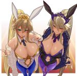  2girls ahoge animal_ears artoria_pendragon_(fate) artoria_pendragon_(lancer_alter)_(fate) artoria_pendragon_(swimsuit_ruler)_(fate) artoria_pendragon_(swimsuit_ruler)_(fate)_(cosplay) bangs bare_shoulders black_leotard blonde_hair blue_necktie blue_pantyhose blush braid breasts card cleavage closed_mouth clothing_cutout collarbone cosplay detached_collar fate/grand_order fate_(series) feather_boa fishnets french_braid green_eyes highleg highleg_leotard highres large_breasts leotard long_hair looking_at_viewer multiple_girls navel navel_cutout necktie open_mouth pantyhose photoshop_(medium) playboy_bunny playing_card ponytail purple_necktie rabbit_ears satou_daiji short_necktie sidelocks tiara white_leotard wrist_cuffs yellow_eyes 