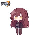  1girl bangs black_jacket blue_shorts blush_stickers boots breasts brown_footwear brown_hair chibi cleavage closed_mouth copyright_name covered_navel cross-laced_footwear denim denim_shorts eden_(honkai_impact) eta fishnets full_body hair_between_eyes honkai_(series) honkai_impact_3rd jacket lace-up_boots long_sleeves looking_at_viewer open_clothes open_jacket pantyhose puffy_long_sleeves puffy_sleeves short_shorts shorts simple_background small_breasts smile solo standing thigh_boots white_background yellow_eyes 