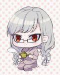  1girl bangs black-framed_eyewear bow chibi danganronpa_(series) danganronpa_2:_goodbye_despair floral_background glasses grey_hair grey_jacket grey_pants hair_bow highres holding jacket long_hair long_sleeves looking_at_viewer pants pekoyama_peko red_eyes shiny shiny_hair solo white_bow yukiusagi_(yukiusa) 