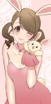  1girl ;) animal_ears ayn_(ayn_kau) bangs blush brown_hair bunny_puppet choker collarbone dress drill_hair floral_print hand_puppet highres idolmaster idolmaster_cinderella_girls looking_at_viewer mochida_arisa one_eye_closed parted_lips patterned_background pink_choker pink_dress puppet rabbit_ears rabbit_tail smile solo strapless strapless_dress swept_bangs tail twintails 